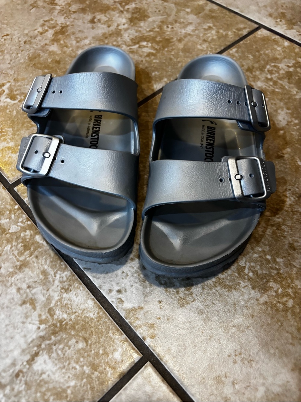 Birkenstock Arizona Two-Strap Sandals in Metallic Silver-Gray